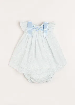 Elsie Floral Print Handsmocked Sleeveless Dress in Blue (1-6mths)