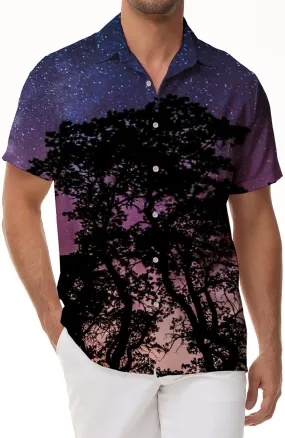 Fashionable Hawaiian Starry Night Sky Forest Pattern Shirt Button-down Holiday Casual Short Sleeve Men's Loose Beach Vacation Shirt