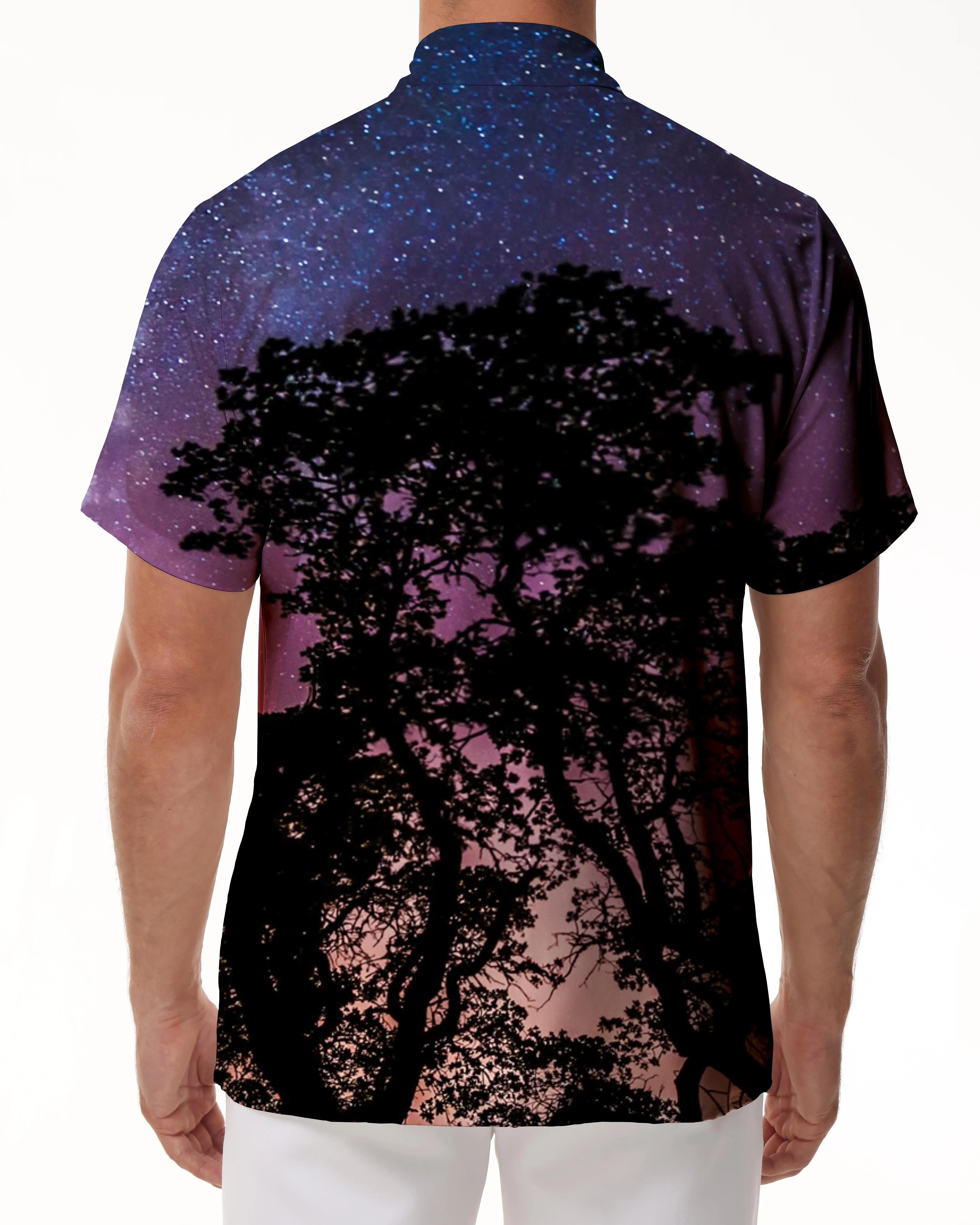 Fashionable Hawaiian Starry Night Sky Forest Pattern Shirt Button-down Holiday Casual Short Sleeve Men's Loose Beach Vacation Shirt