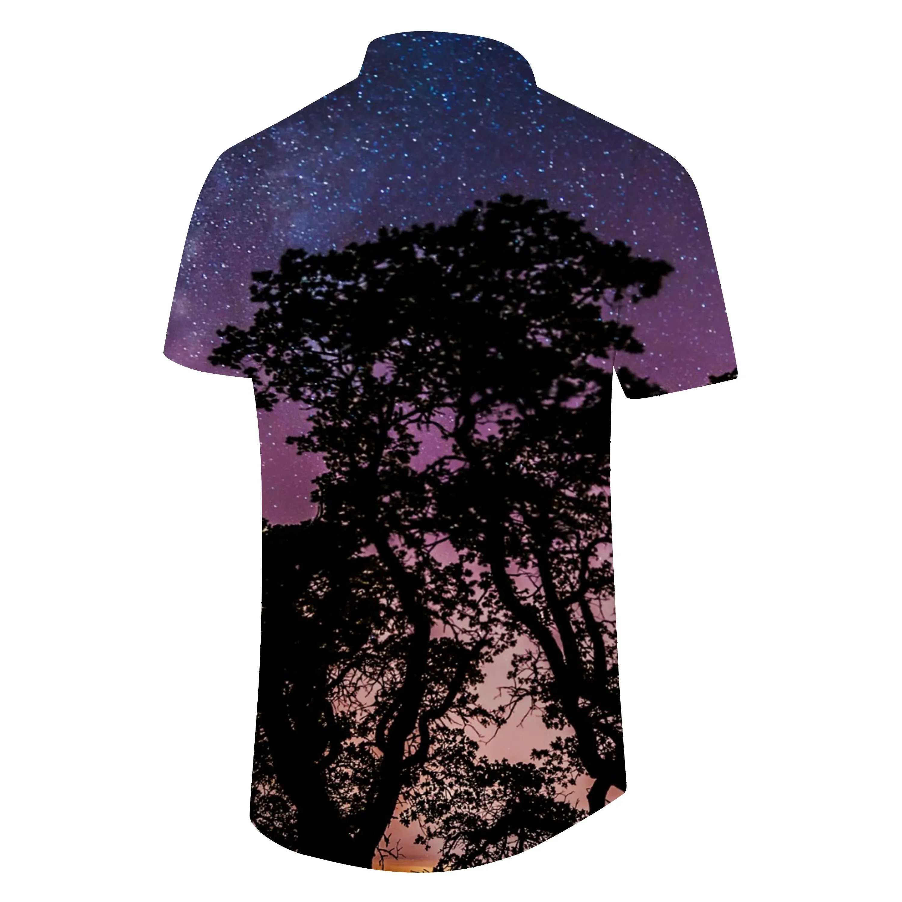 Fashionable Hawaiian Starry Night Sky Forest Pattern Shirt Button-down Holiday Casual Short Sleeve Men's Loose Beach Vacation Shirt