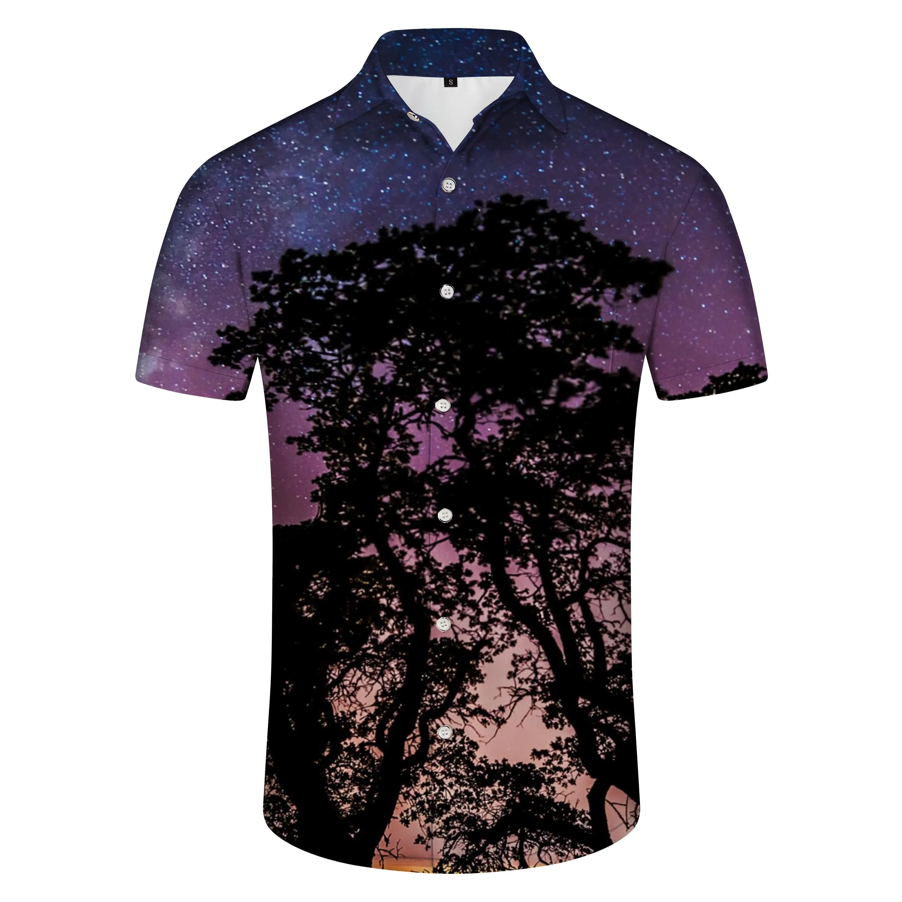 Fashionable Hawaiian Starry Night Sky Forest Pattern Shirt Button-down Holiday Casual Short Sleeve Men's Loose Beach Vacation Shirt