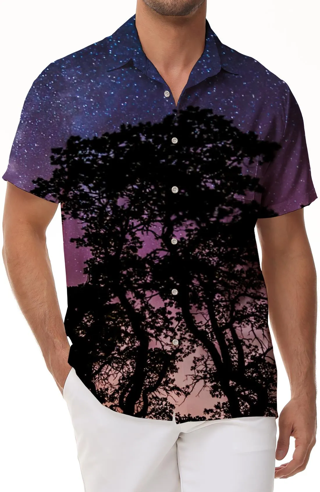 Fashionable Hawaiian Starry Night Sky Forest Pattern Shirt Button-down Holiday Casual Short Sleeve Men's Loose Beach Vacation Shirt