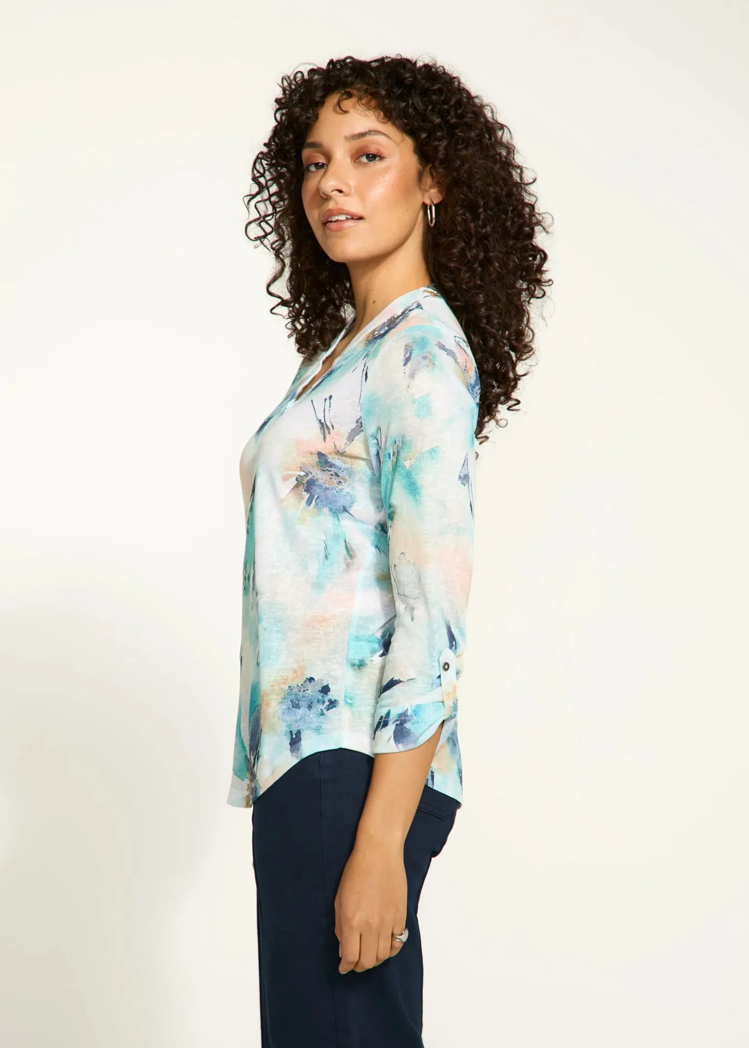 FDJ 3/4 Sleeve Tab-Up Henley Top