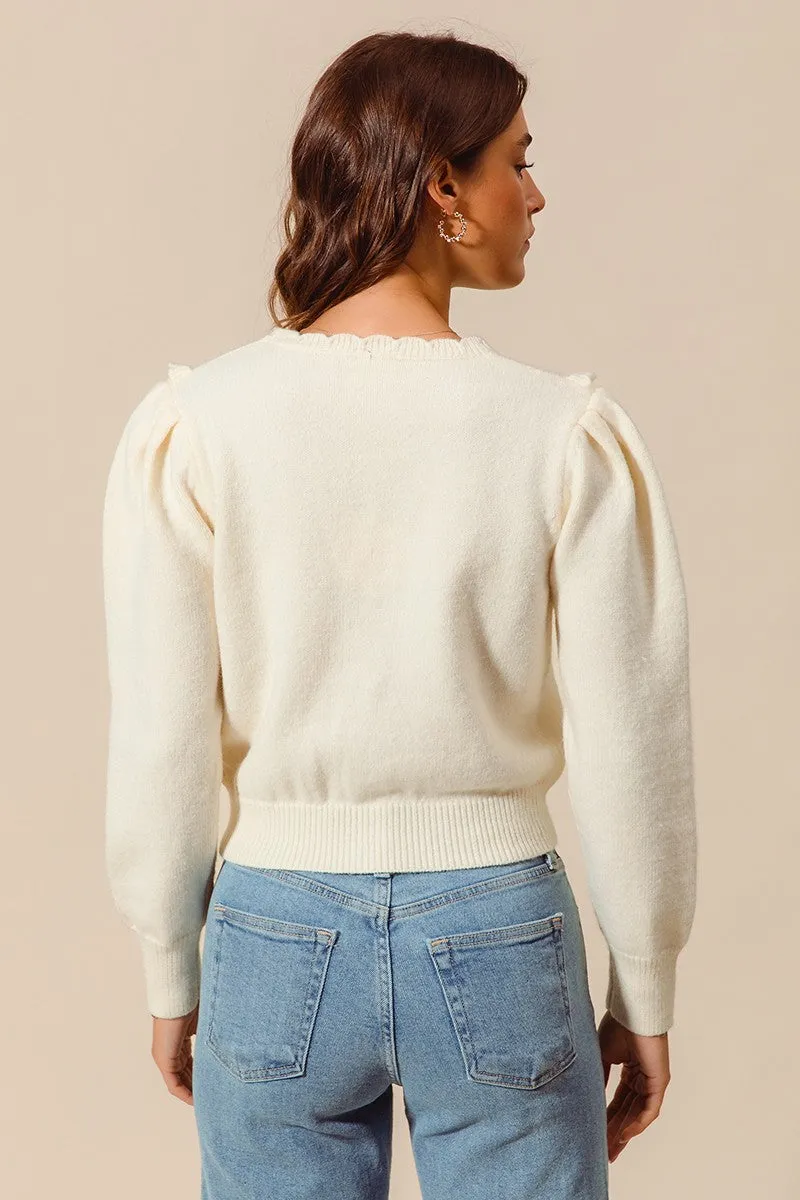 Floral Embroidered Sweater with Scalloped Edge