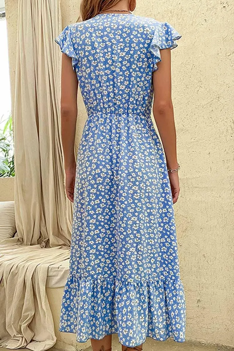 FLORAL LACE SLEEVE BUTTON DETAIL SLIT DRESS