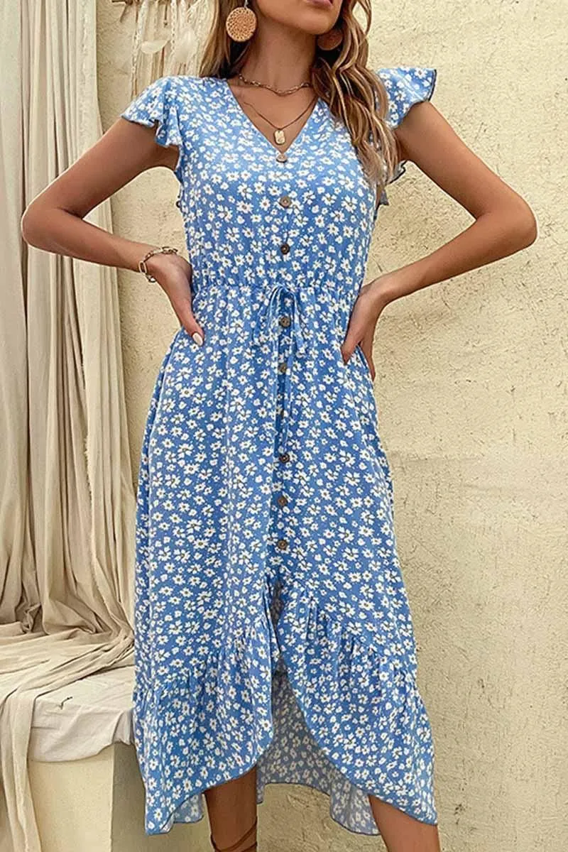 FLORAL LACE SLEEVE BUTTON DETAIL SLIT DRESS