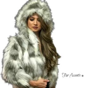 FUR ACCENTS Exotic Faux Fur Shaggy Gray Nordic Fox Hooded Coat - Jacket - Oversize - Lined - Hand Made in the USA