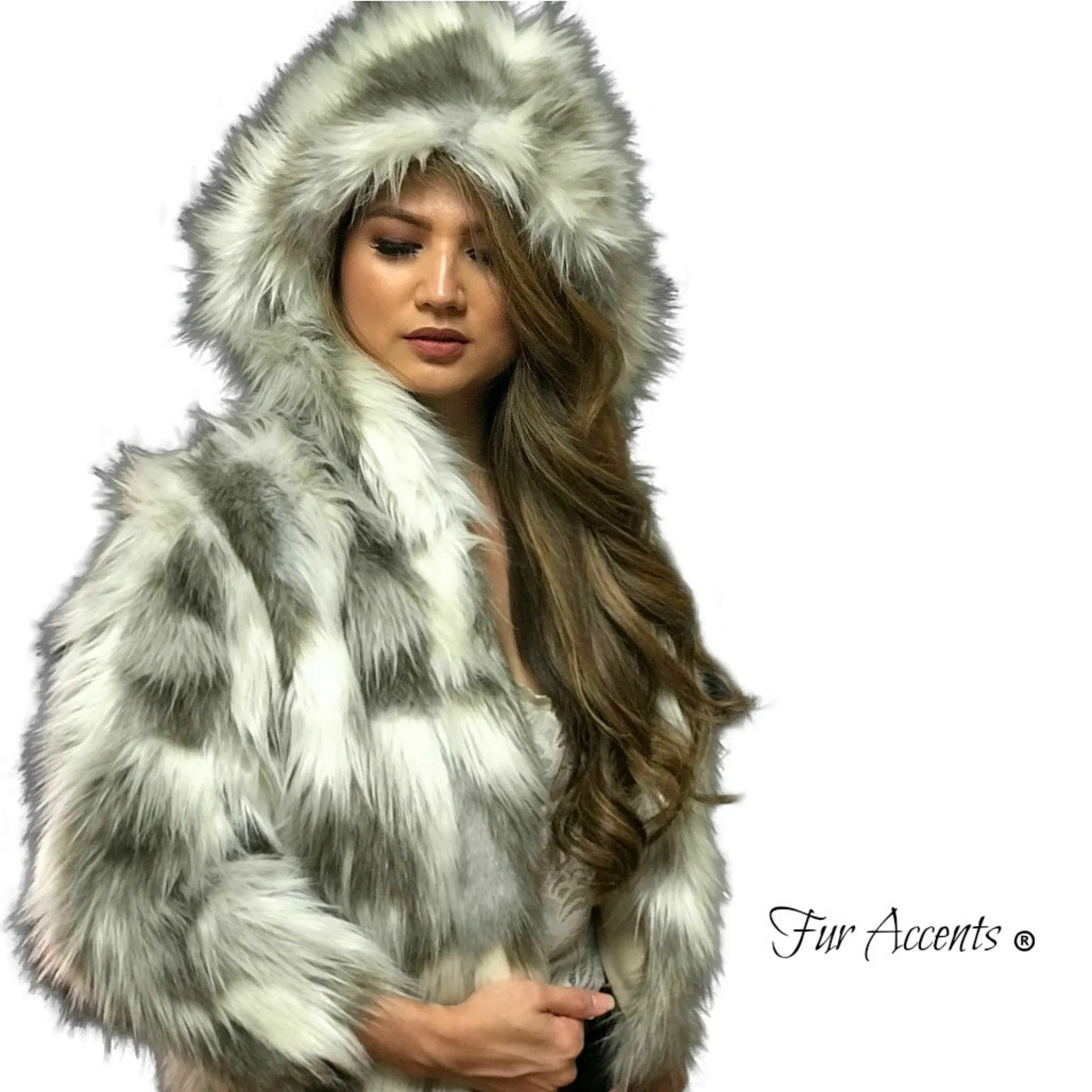 FUR ACCENTS Exotic Faux Fur Shaggy Gray Nordic Fox Hooded Coat - Jacket - Oversize - Lined - Hand Made in the USA