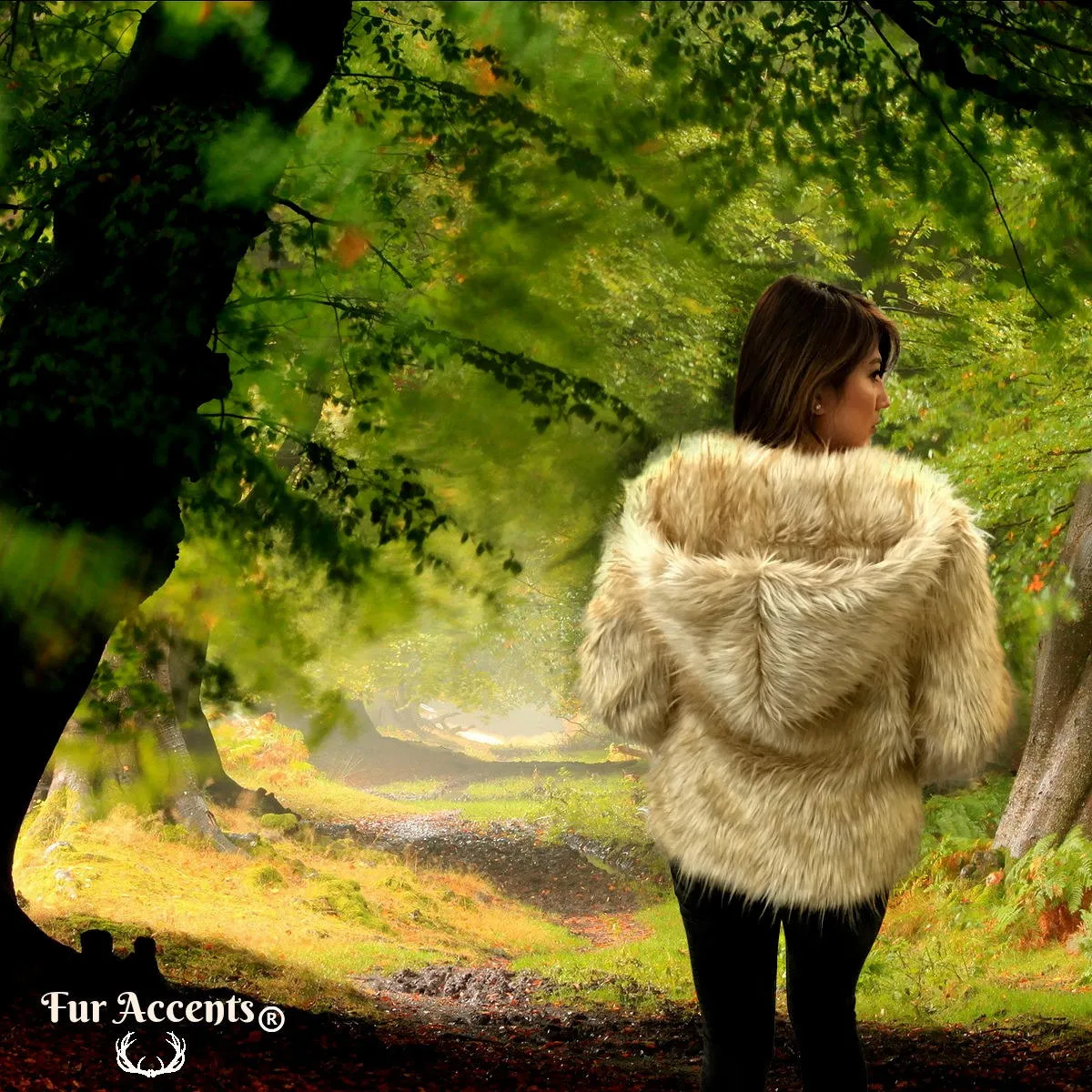 FUR ACCENTS Exotic Faux Fur Shaggy Platinum Fox - Hooded Coat - Jacket - One Size - Oversize