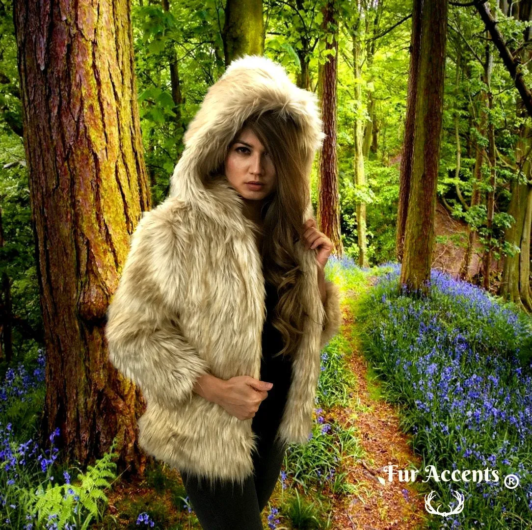 FUR ACCENTS Exotic Faux Fur Shaggy Platinum Fox - Hooded Coat - Jacket - One Size - Oversize