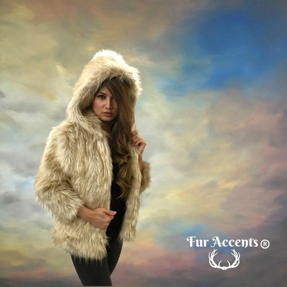FUR ACCENTS Exotic Faux Fur Shaggy Platinum Fox - Hooded Coat - Jacket - One Size - Oversize
