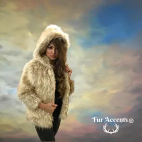 FUR ACCENTS Exotic Faux Fur Shaggy Platinum Fox - Hooded Coat - Jacket - One Size - Oversize