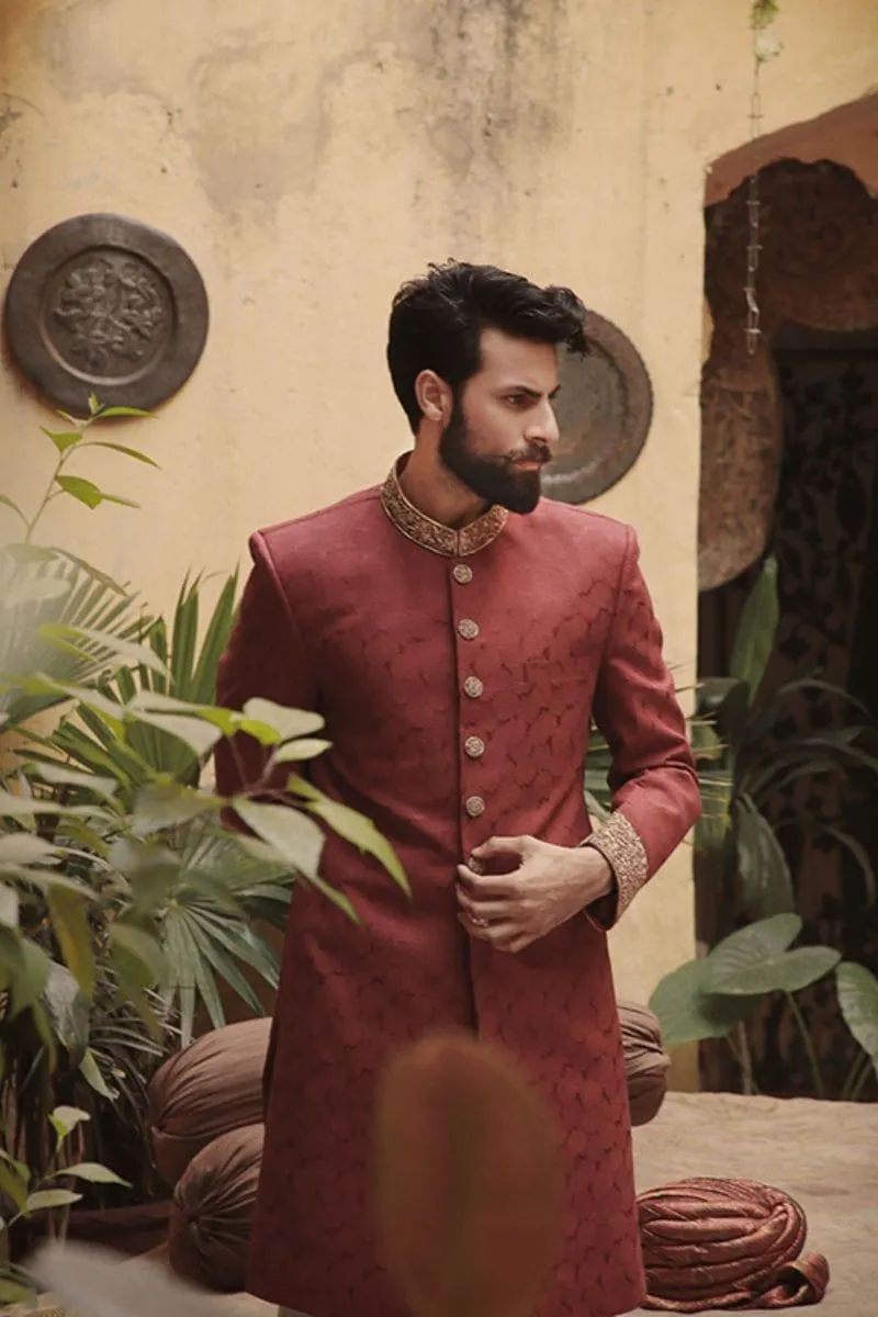 GEM Garments - Haz - Sherwani - Maroon - 1 Piece - Jamawar