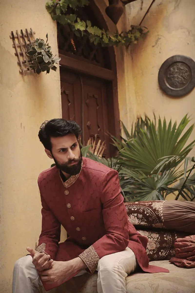 GEM Garments - Haz - Sherwani - Maroon - 1 Piece - Jamawar