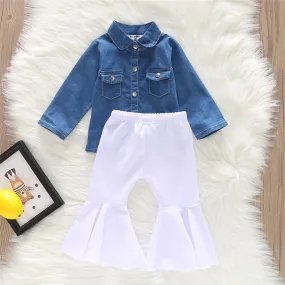 Girls Denim Long Sleeve Button Jacket & Flare Pants