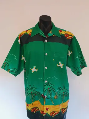 Green Hawaiian Shirt With Bombers & Surfboards - XL