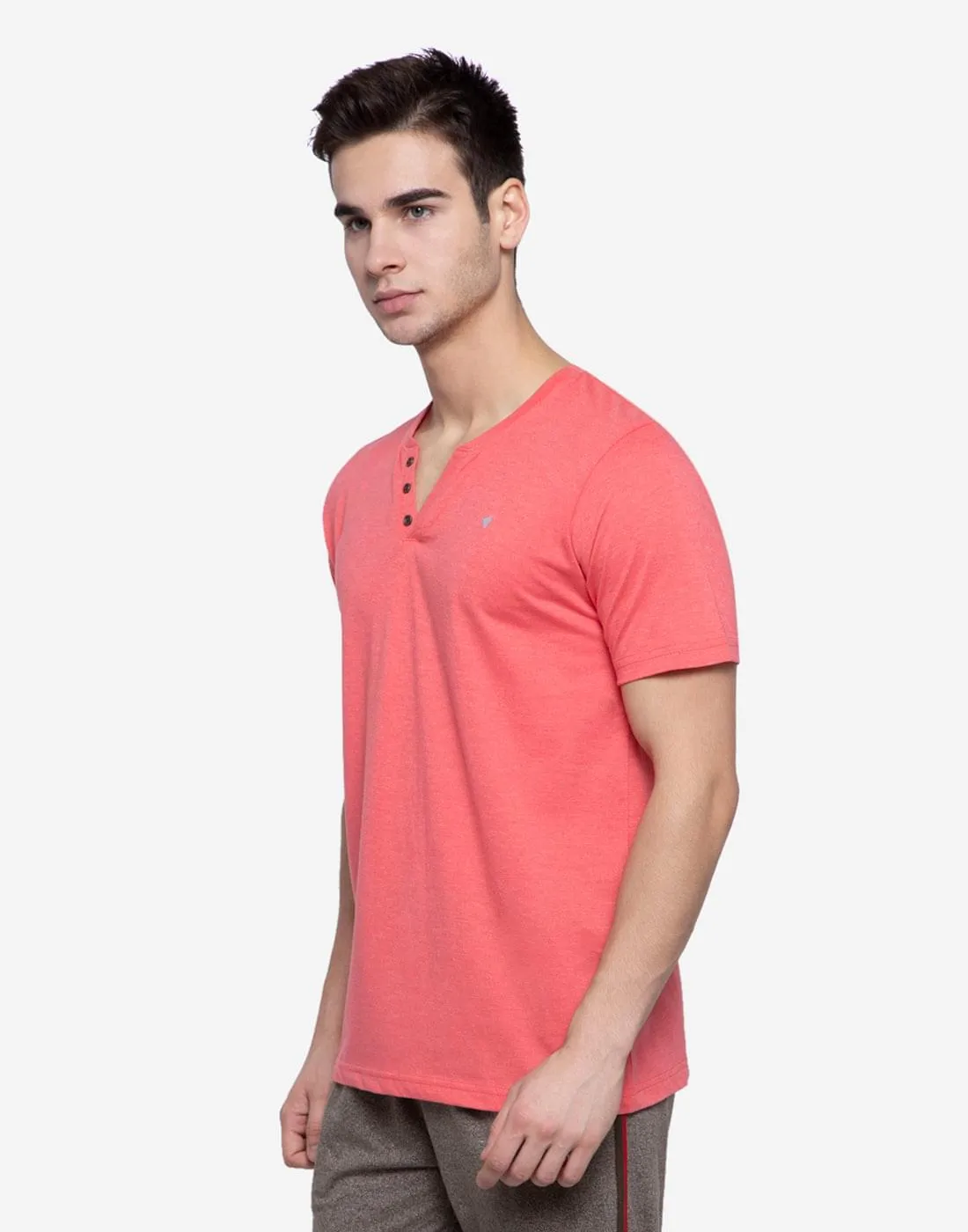 Henley Neck T-Shirt For Men- Lt. Coral Mil.