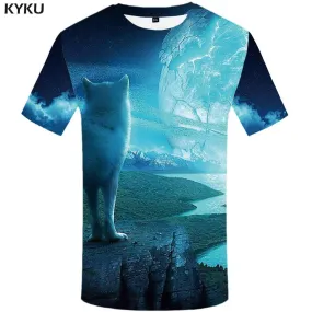 KYKU Wolf T-shirts Men Moon Tshirts Print Animal Tshirt Anime Mountain T-shirt 3d Galaxy T shirts Funny Mens Clothing Graphic
