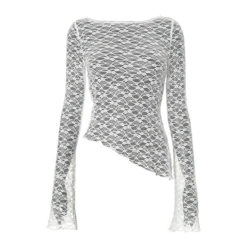 Lace Slant-Cut Bottom Long Sleeve T-Shirt Top – Lightweight Pullover with Patch Detail for Socialite Style