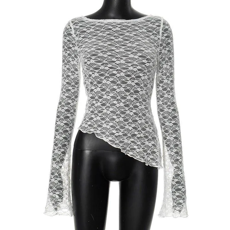 Lace Slant-Cut Bottom Long Sleeve T-Shirt Top – Lightweight Pullover with Patch Detail for Socialite Style