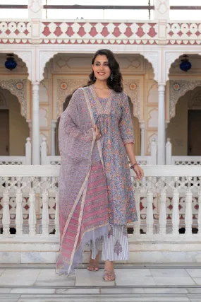 Lavender Cotton Flared Kurta-Pant & Dupatta Set with Floral Print, Thread Work, Lace & Sequins
