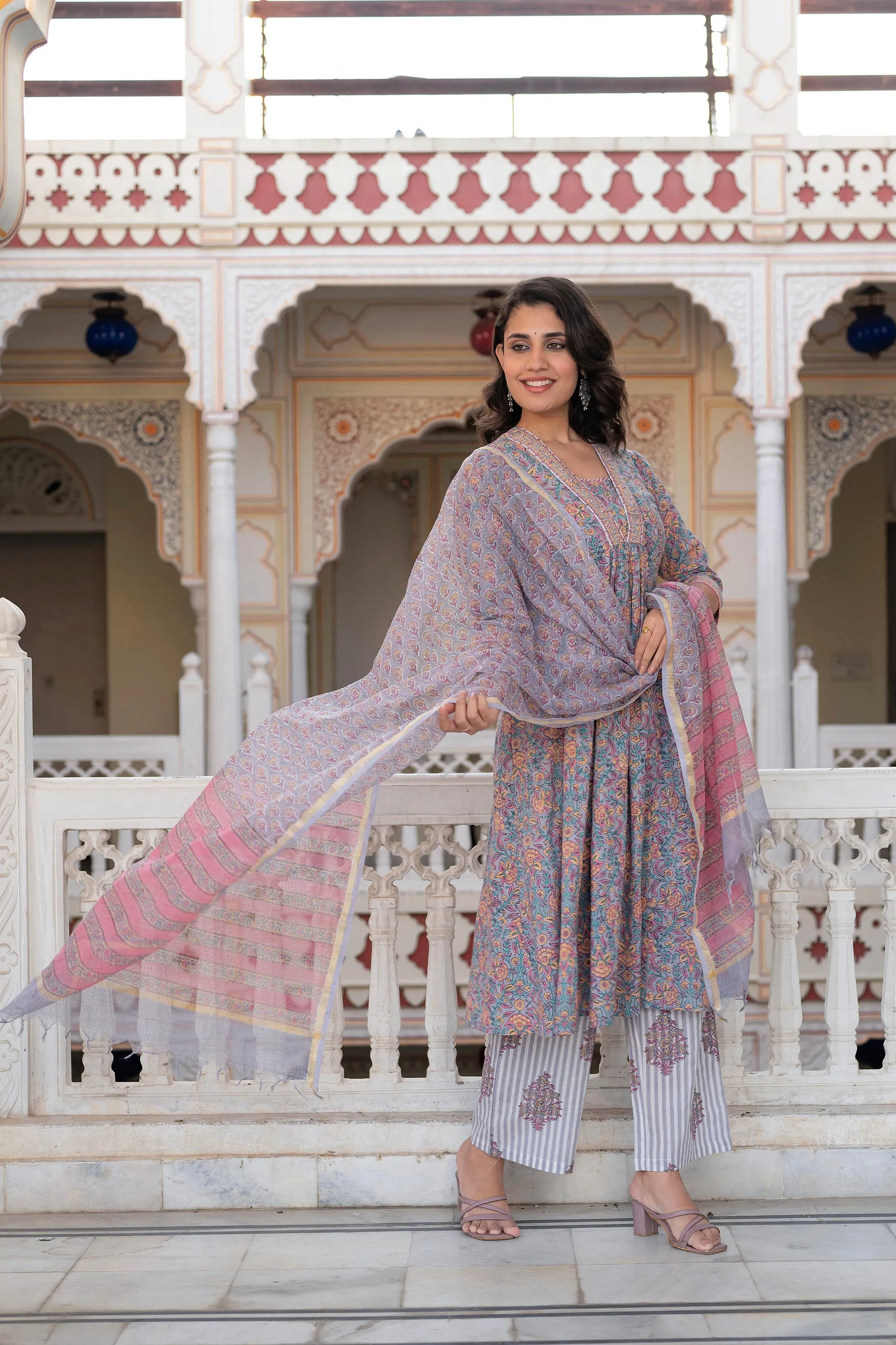 Lavender Cotton Flared Kurta-Pant & Dupatta Set with Floral Print, Thread Work, Lace & Sequins