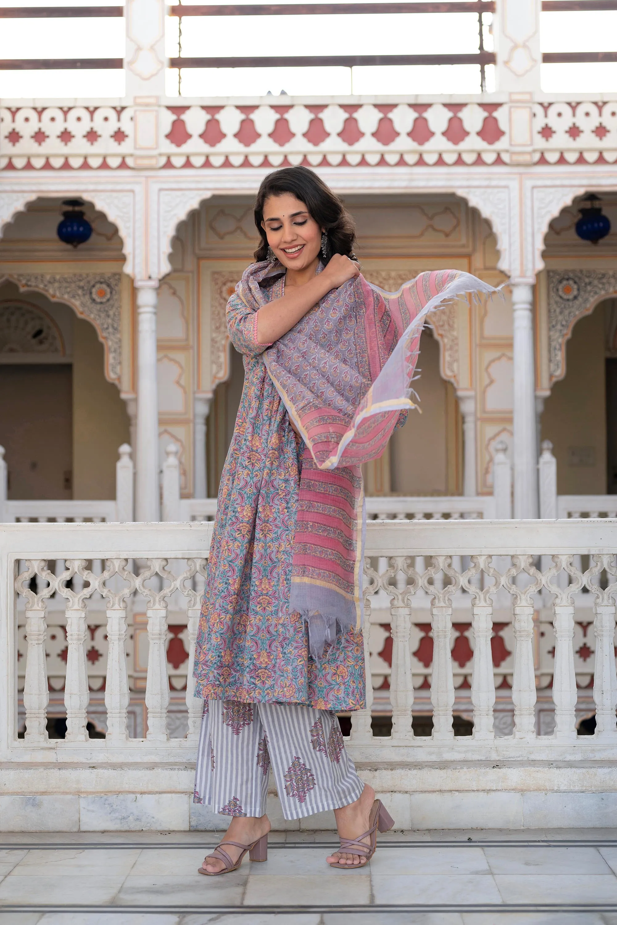 Lavender Cotton Flared Kurta-Pant & Dupatta Set with Floral Print, Thread Work, Lace & Sequins