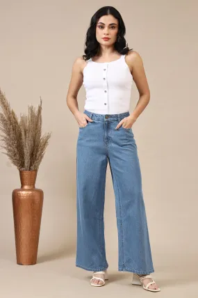 Light Blue Cotton Denim Flared Pants