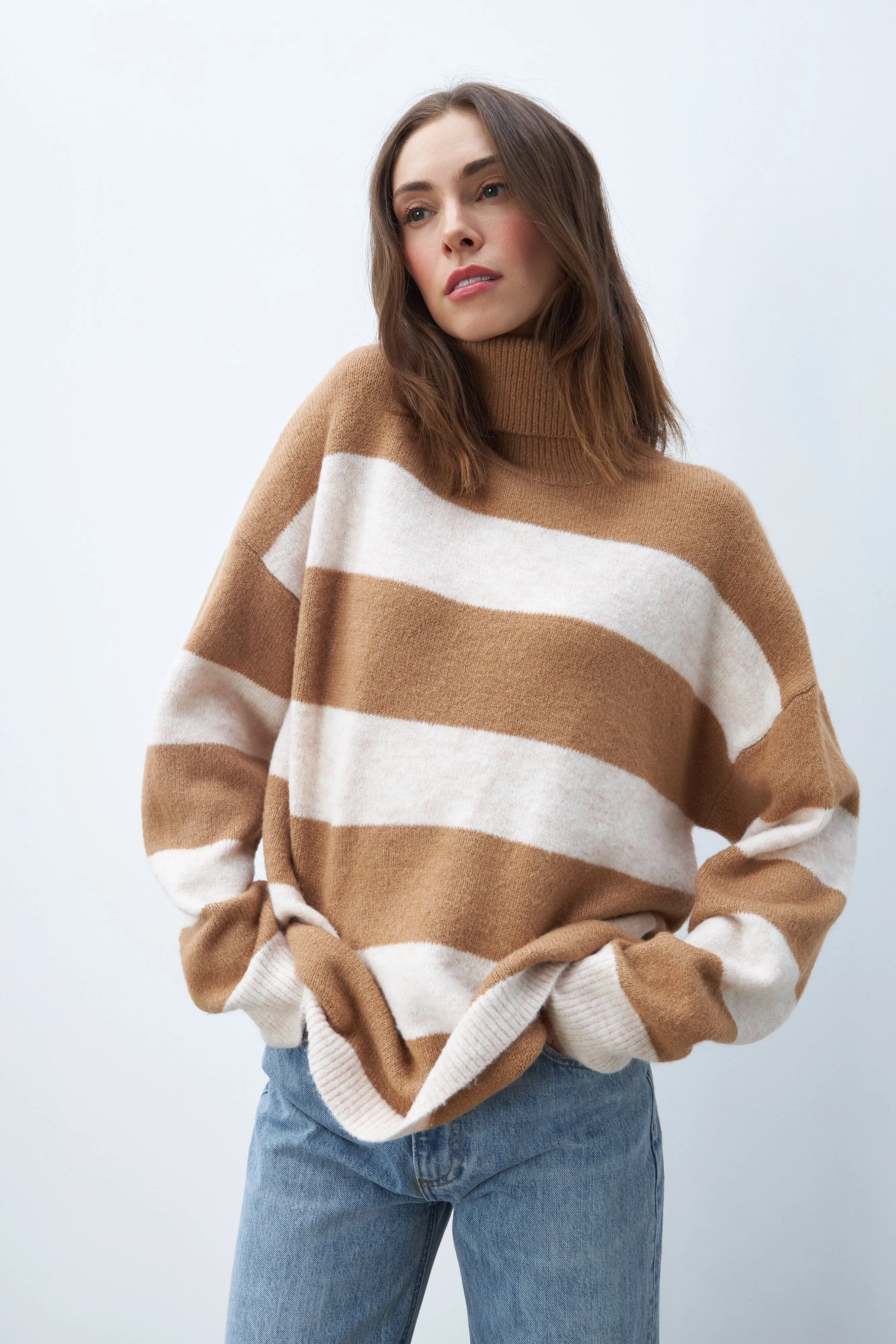 Line Bronx Turtleneck Striped Sweater- Cafe Au Lait