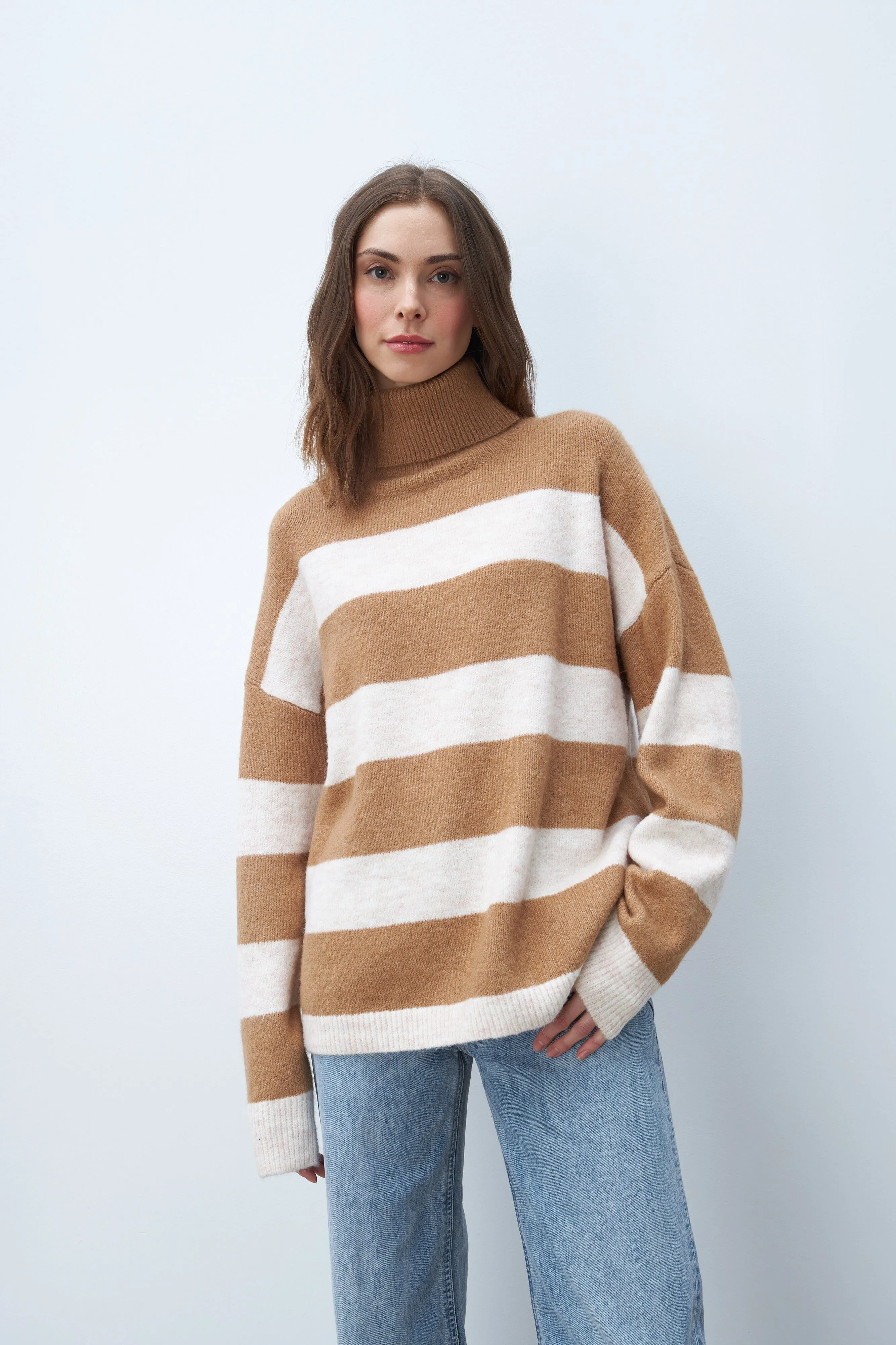 Line Bronx Turtleneck Striped Sweater- Cafe Au Lait
