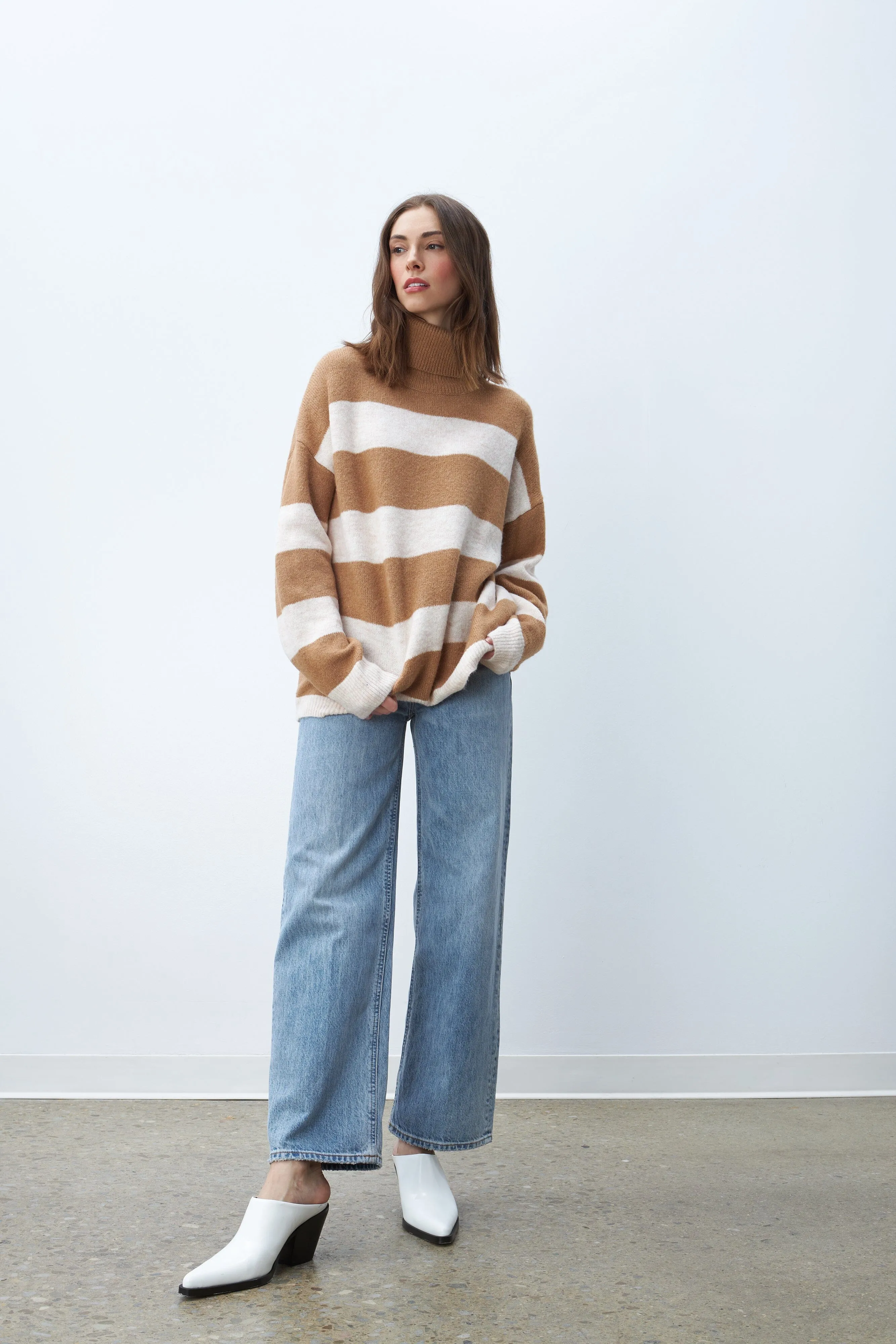 Line Bronx Turtleneck Striped Sweater- Cafe Au Lait