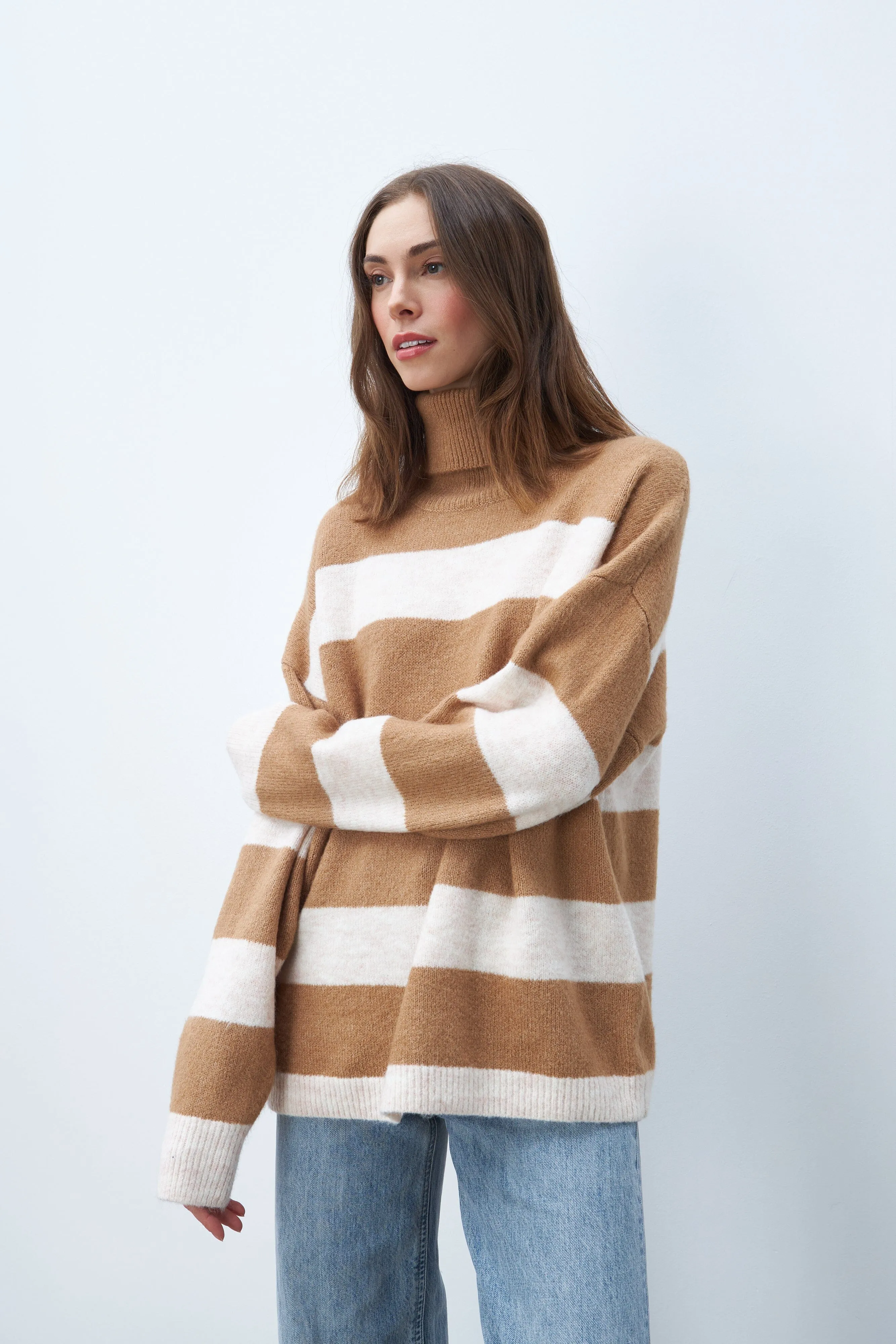 Line Bronx Turtleneck Striped Sweater- Cafe Au Lait