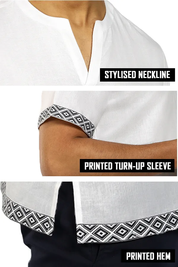 Linen blend Qurta Shirt with printed hem & turnup sleeves
