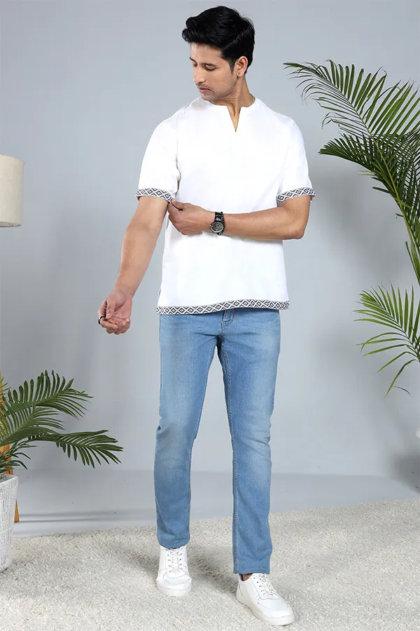 Linen blend Qurta Shirt with printed hem & turnup sleeves