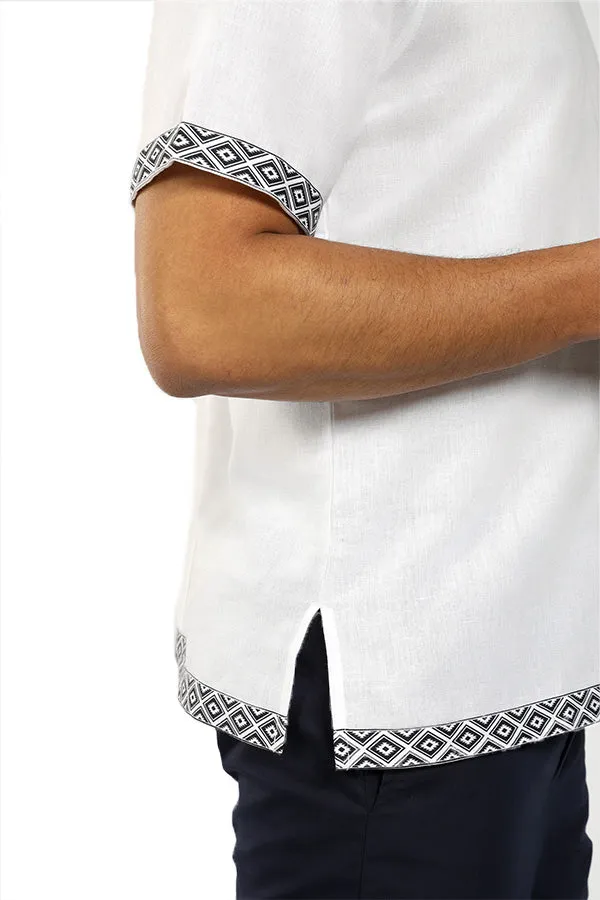 Linen blend Qurta Shirt with printed hem & turnup sleeves
