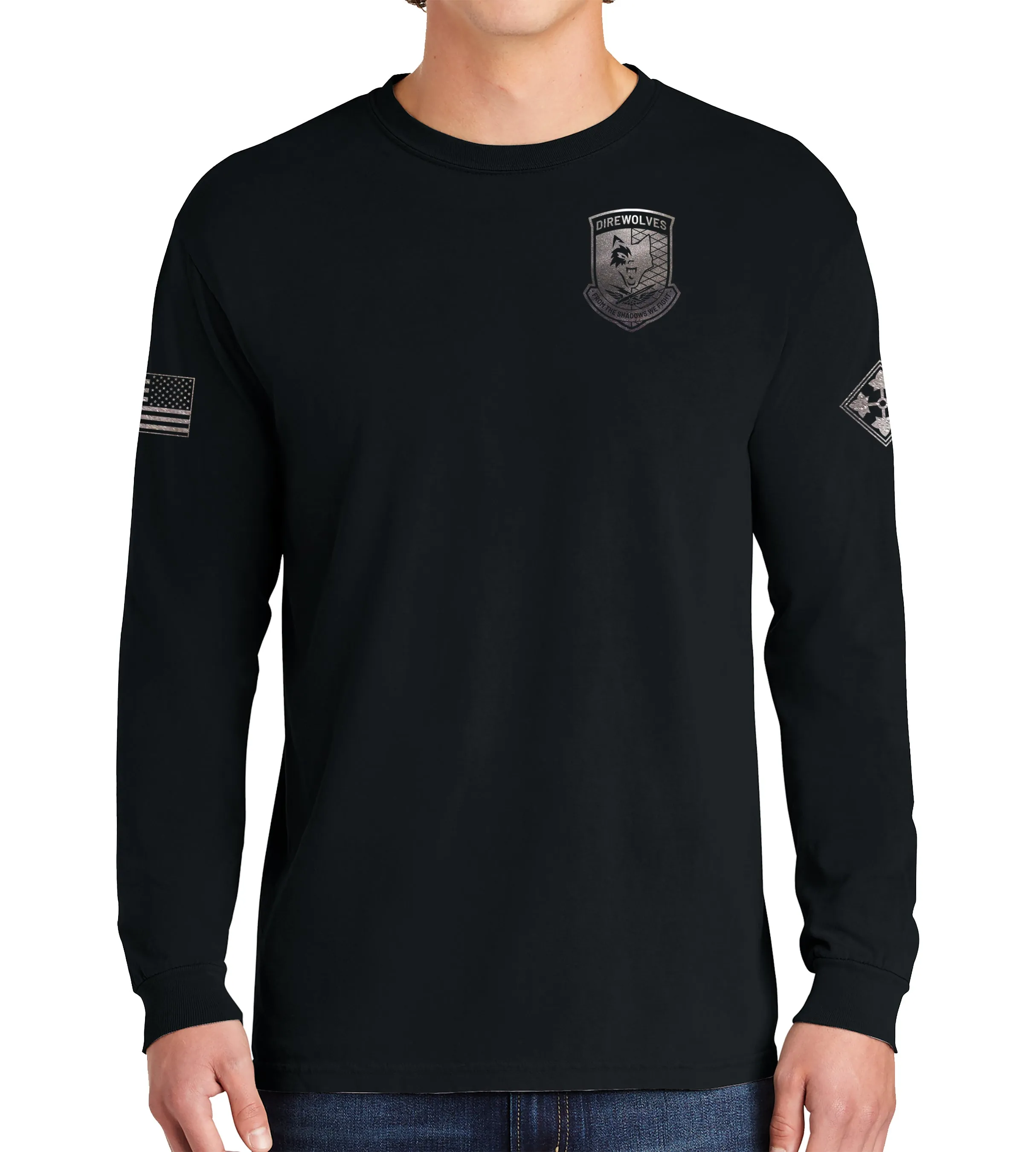 Long Sleeve 50-50 Blend Unisex Shirt. Black on Black Design. This shirt IS approved for PT