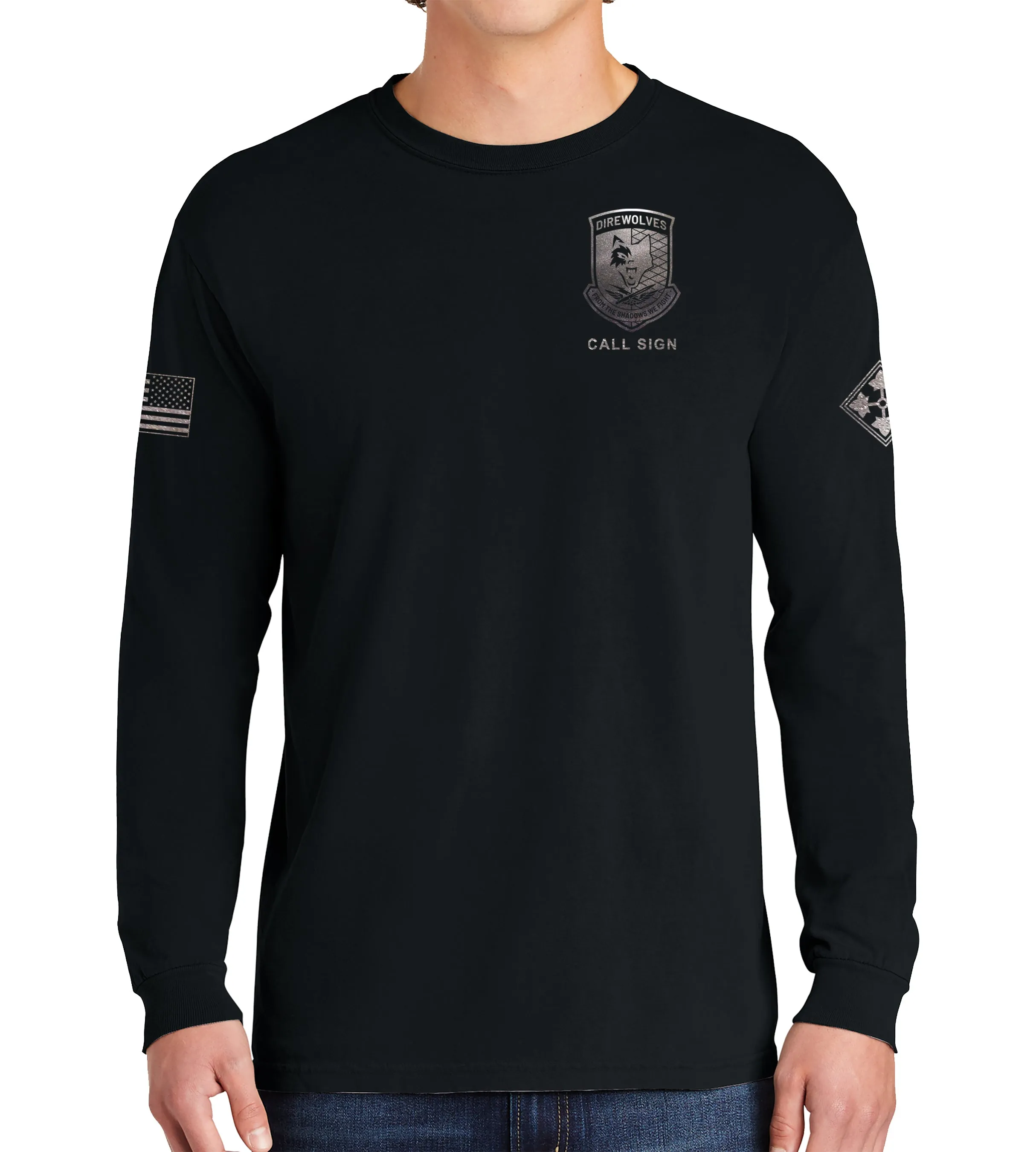 Long Sleeve 50-50 Blend Unisex Shirt. Black on Black Design. This shirt IS approved for PT