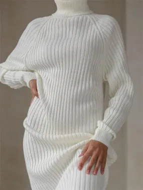 Long Sleeve High Collar Sweater Dress Women Casual Loose Thick Sunken Stripe Solid Color Sheath Autumn Winter Knitting Dress