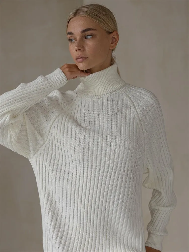 Long Sleeve High Collar Sweater Dress Women Casual Loose Thick Sunken Stripe Solid Color Sheath Autumn Winter Knitting Dress