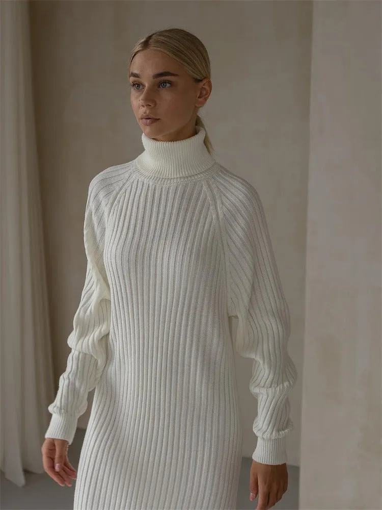 Long Sleeve High Collar Sweater Dress Women Casual Loose Thick Sunken Stripe Solid Color Sheath Autumn Winter Knitting Dress