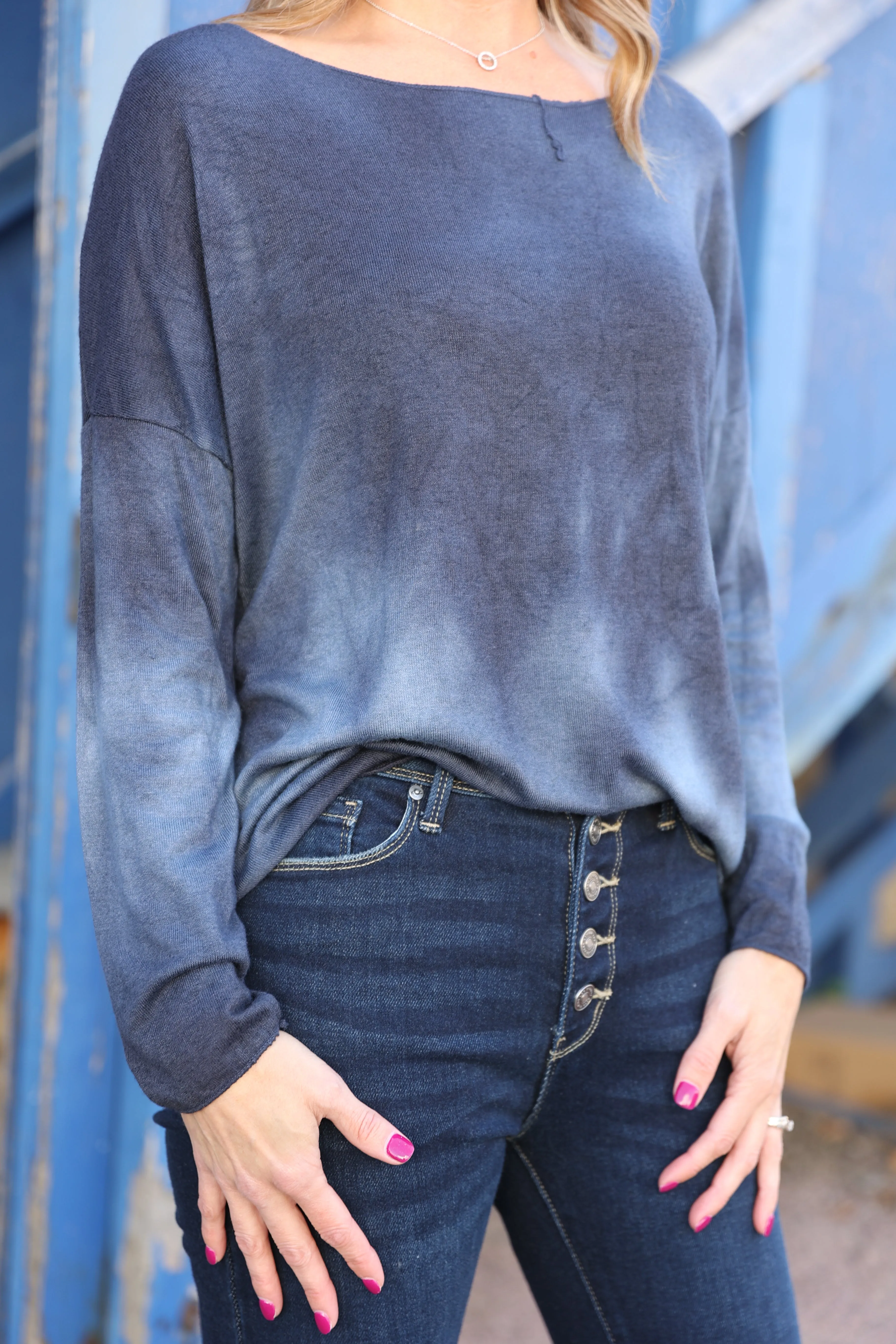 Long Sleeve Lightly Brushed Sweater In Navy