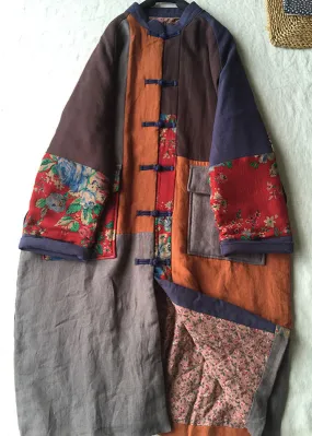 Loose Colorblock Chinese Button Pockets Patchwork Cotton Thin Coat Fall ML0080