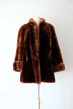 Luxurious 1940's Cinnamon Brown Mouton Fur Swing Coat / Sz M