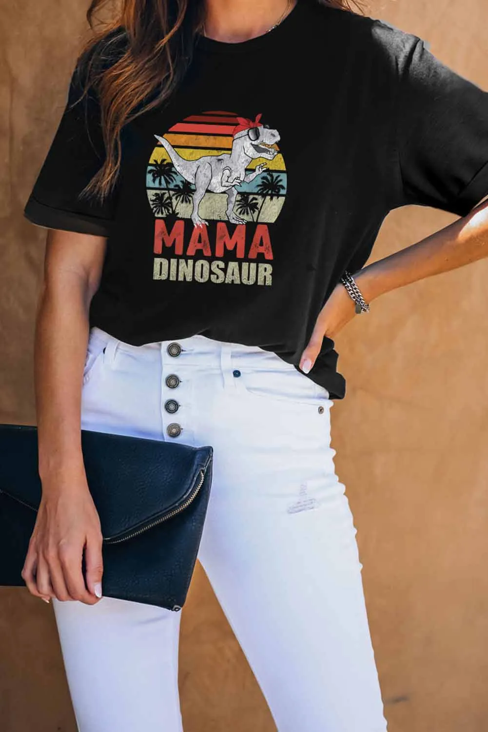 MAMA DINOSAUR Print Black Short Sleeve Graphic Tee