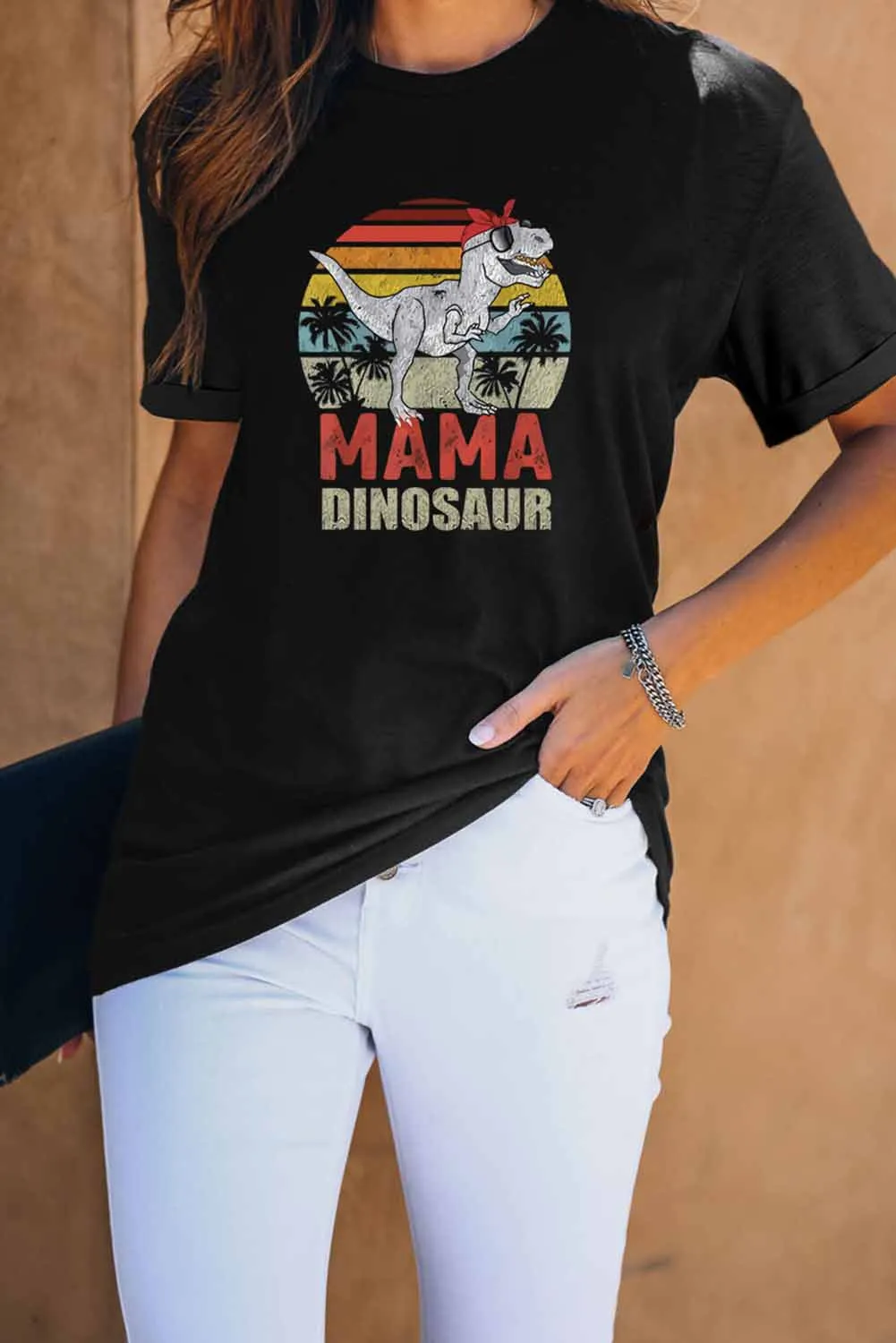 MAMA DINOSAUR Print Black Short Sleeve Graphic Tee