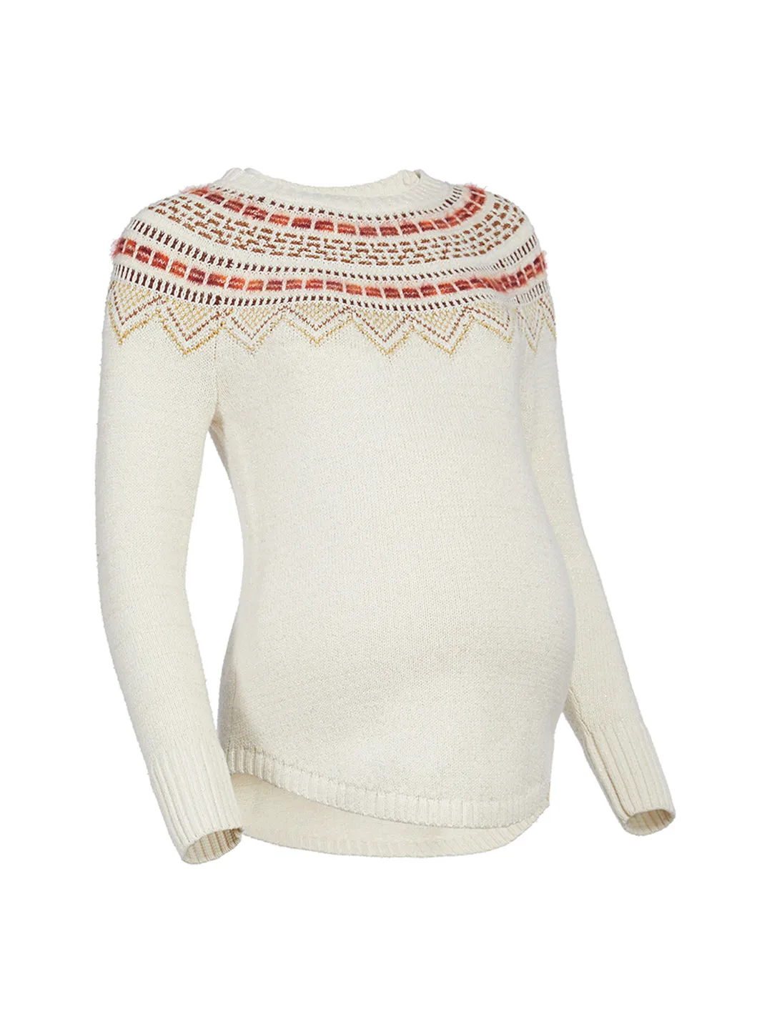 Maternity Shimmer Fair Isle Shirttail Sweater in Whisper White