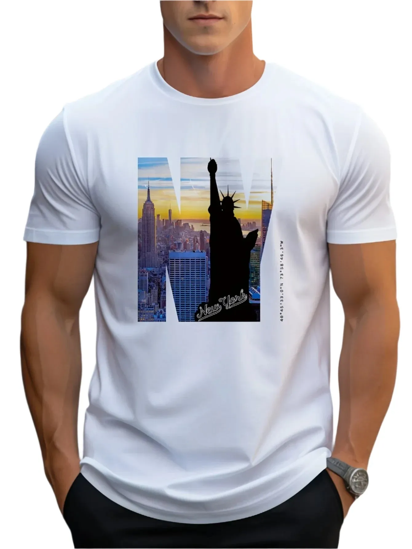 Men's 100% Cotton NY Graphic Print T-Shirt – Loose Fit, Large Size, Slim Fit, Round Neck, Short Sleeve Summer Casual Shirt