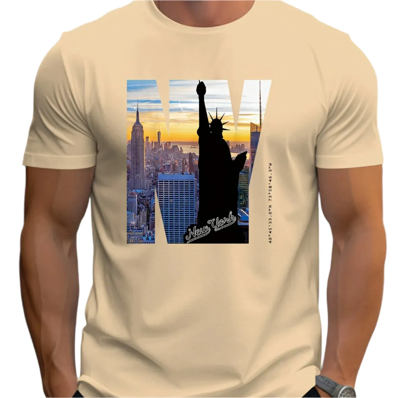 Men's 100% Cotton NY Graphic Print T-Shirt – Loose Fit, Large Size, Slim Fit, Round Neck, Short Sleeve Summer Casual Shirt