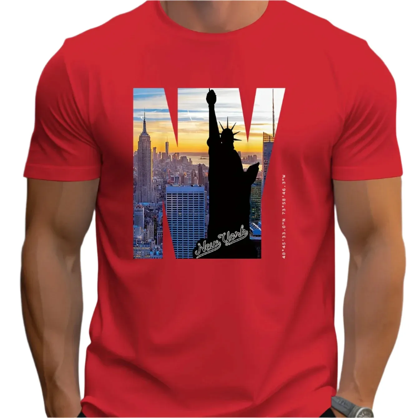 Men's 100% Cotton NY Graphic Print T-Shirt – Loose Fit, Large Size, Slim Fit, Round Neck, Short Sleeve Summer Casual Shirt