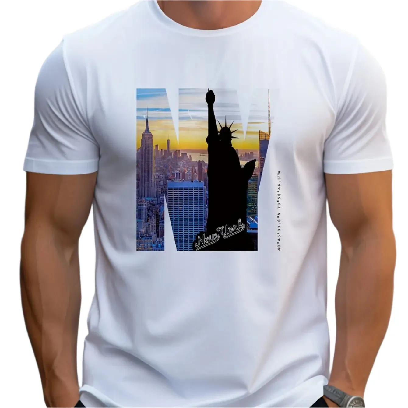 Men's 100% Cotton NY Graphic Print T-Shirt – Loose Fit, Large Size, Slim Fit, Round Neck, Short Sleeve Summer Casual Shirt
